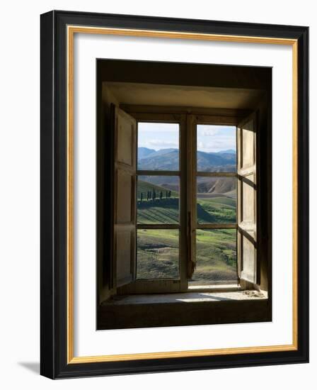 Outside View of Cypress Trees and Green Hills Through a Shabby Windows-ollirg-Framed Photographic Print