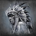 Tattoo Art, Portrait Of American Indian Head Over Dark Background-outsiderzone-Art Print