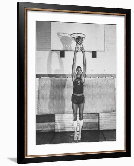 Overbrook Highschool Basketball Team, Wilt "The Stilt" Chamberlain Touch Basket at Regular Standing-Grey Villet-Framed Premium Photographic Print