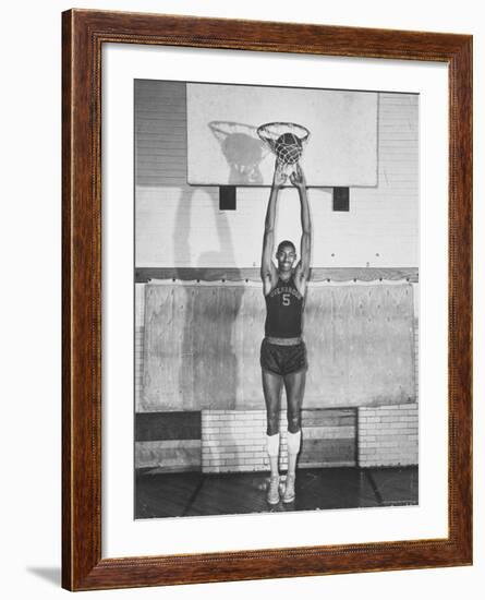 Overbrook Highschool Basketball Team, Wilt "The Stilt" Chamberlain Touch Basket at Regular Standing-Grey Villet-Framed Premium Photographic Print