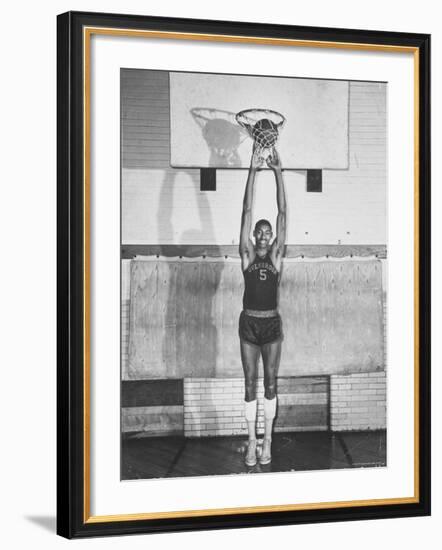 Overbrook Highschool Basketball Team, Wilt "The Stilt" Chamberlain Touch Basket at Regular Standing-Grey Villet-Framed Premium Photographic Print
