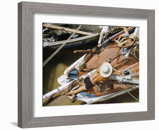 Overhead of Brazillian Men Working on a Small Cargo Boat-Dmitri Kessel-Framed Photographic Print