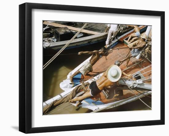 Overhead of Brazillian Men Working on a Small Cargo Boat-Dmitri Kessel-Framed Photographic Print