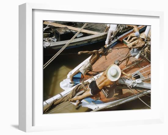 Overhead of Brazillian Men Working on a Small Cargo Boat-Dmitri Kessel-Framed Photographic Print