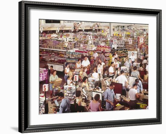 Overhead of Stacked Shelves of Food at Super Giant Supermarket with Shoppers Lined Up at Check Outs-John Dominis-Framed Photographic Print