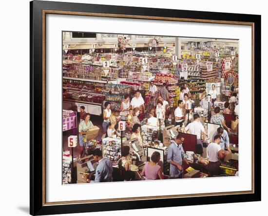 Overhead of Stacked Shelves of Food at Super Giant Supermarket with Shoppers Lined Up at Check Outs-John Dominis-Framed Photographic Print