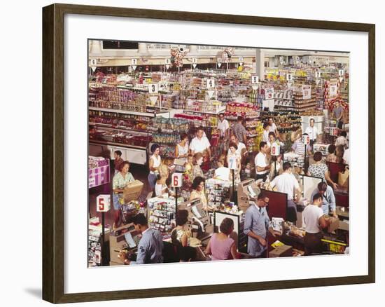 Overhead of Stacked Shelves of Food at Super Giant Supermarket with Shoppers Lined Up at Check Outs-John Dominis-Framed Photographic Print