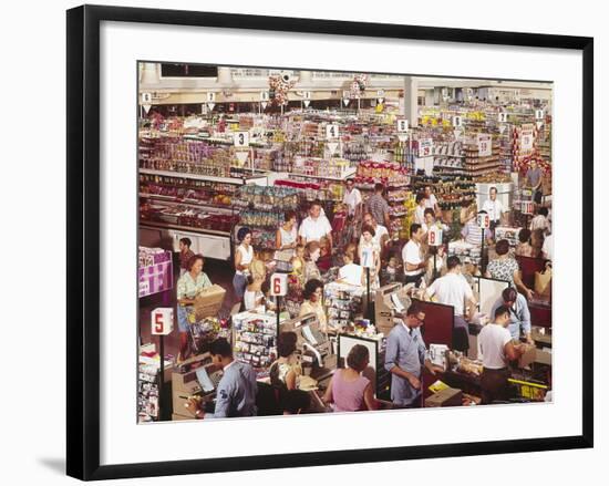 Overhead of Stacked Shelves of Food at Super Giant Supermarket with Shoppers Lined Up at Check Outs-John Dominis-Framed Photographic Print