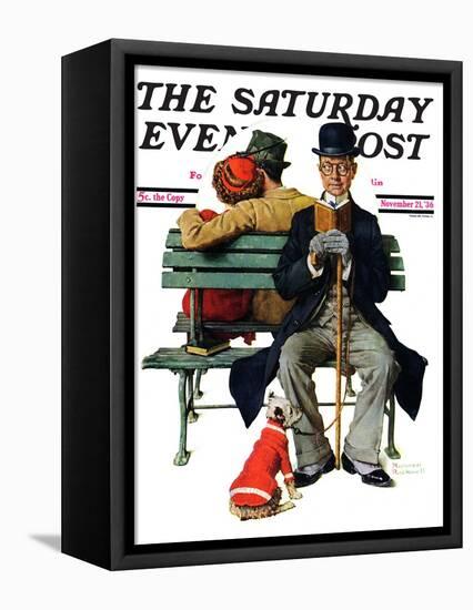 "Overheard Lovers" (man on park bench) Saturday Evening Post Cover, November 21,1936-Norman Rockwell-Framed Premier Image Canvas