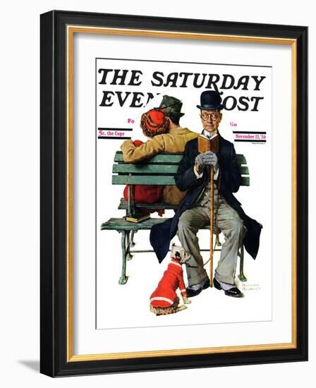 "Overheard Lovers" (man on park bench) Saturday Evening Post Cover, November 21,1936-Norman Rockwell-Framed Giclee Print