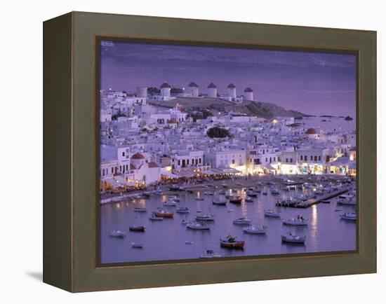 Overview of Mykonos Town harbor, Mykonos, Cyclades Islands, Greece-Walter Bibikow-Framed Premier Image Canvas