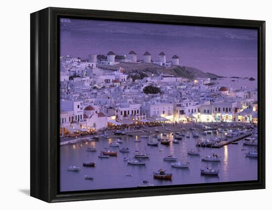 Overview of Mykonos Town harbor, Mykonos, Cyclades Islands, Greece-Walter Bibikow-Framed Premier Image Canvas