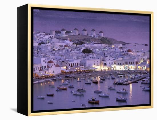 Overview of Mykonos Town harbor, Mykonos, Cyclades Islands, Greece-Walter Bibikow-Framed Premier Image Canvas