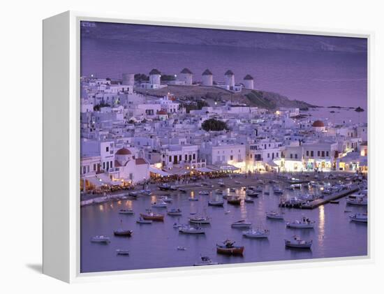 Overview of Mykonos Town harbor, Mykonos, Cyclades Islands, Greece-Walter Bibikow-Framed Premier Image Canvas