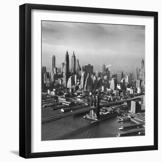 Overview Picture Looking at the Brooklyn Bridge to Manhattan-Dmitri Kessel-Framed Photographic Print