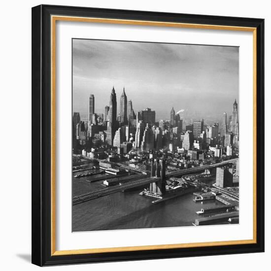 Overview Picture Looking at the Brooklyn Bridge to Manhattan-Dmitri Kessel-Framed Photographic Print