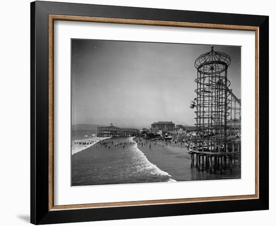 Overview Seaside Amusement Park, Waders in Ocean, Rollercoasters and Activity Centers on Boardwalk-Henry G^ Peabody-Framed Photographic Print