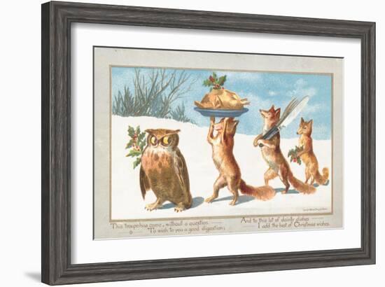 Owl and Foxes Carrying Christmas Feast, Christmas Card-null-Framed Giclee Print