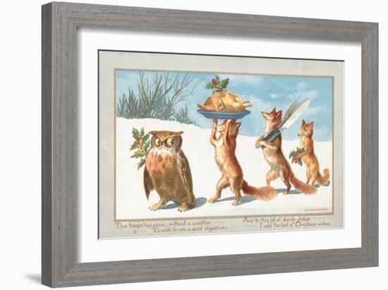 Owl and Foxes Carrying Christmas Feast, Christmas Card-null-Framed Giclee Print