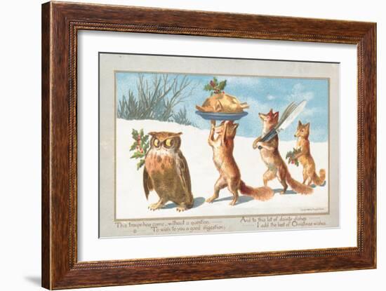 Owl and Foxes Carrying Christmas Feast, Christmas Card-null-Framed Giclee Print