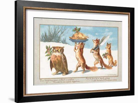 Owl and Foxes Carrying Christmas Feast, Christmas Card--Framed Giclee Print