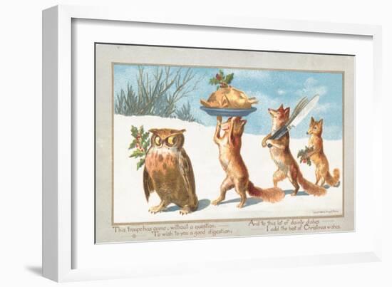 Owl and Foxes Carrying Christmas Feast, Christmas Card--Framed Giclee Print