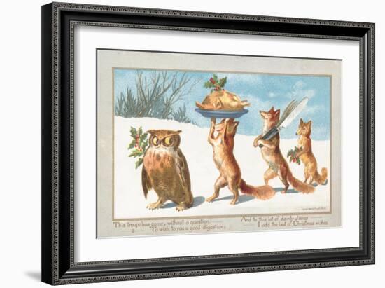 Owl and Foxes Carrying Christmas Feast, Christmas Card-null-Framed Giclee Print