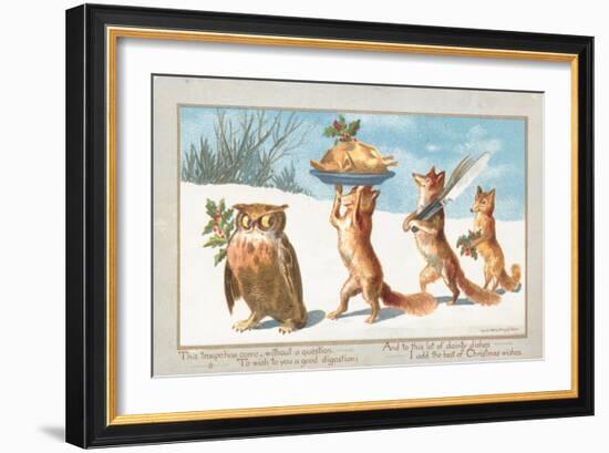 Owl and Foxes Carrying Christmas Feast, Christmas Card-null-Framed Giclee Print