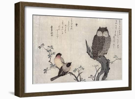 Owl and Two Eastern Bullfinches, Birds Compared in Humorous Songs, c.1791-Kitagawa Utamaro-Framed Giclee Print