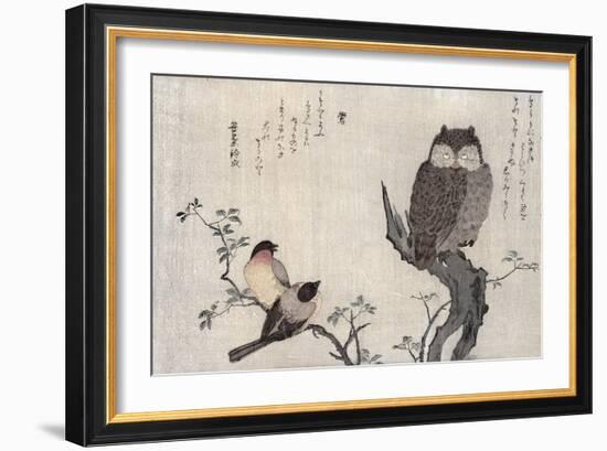 Owl and Two Eastern Bullfinches, Birds Compared in Humorous Songs, c.1791-Kitagawa Utamaro-Framed Giclee Print