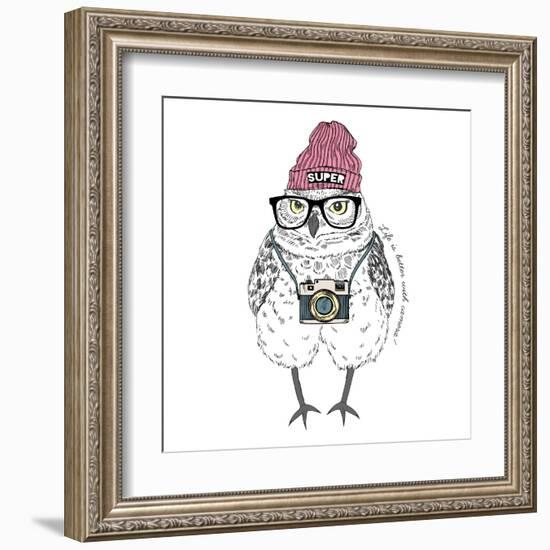 Owl Hipster with Camera-Olga_Angelloz-Framed Art Print