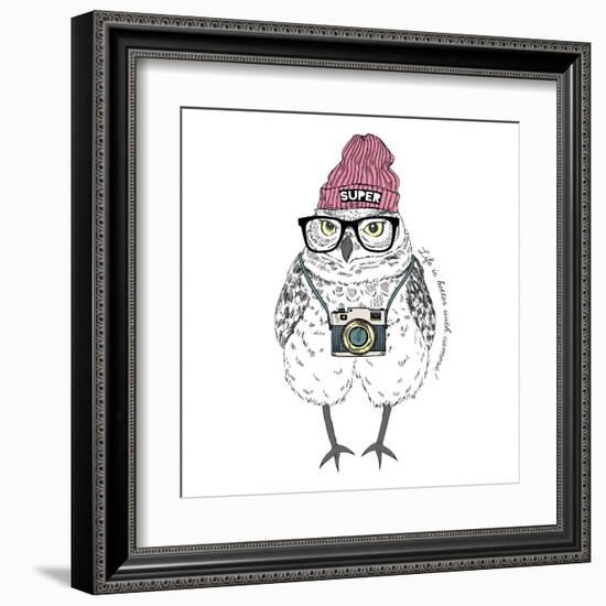 Owl Hipster with Camera-Olga_Angelloz-Framed Art Print