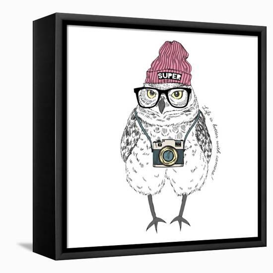 Owl Hipster with Camera-Olga_Angelloz-Framed Stretched Canvas