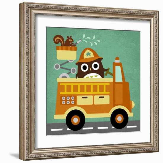 Owl in Firetruck and Squirrel-Nancy Lee-Framed Art Print