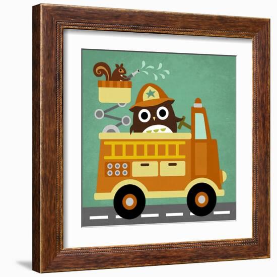 Owl in Firetruck and Squirrel-Nancy Lee-Framed Art Print