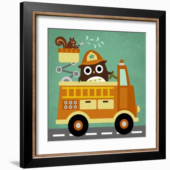 Owl in Firetruck and Squirrel-Nancy Lee-Framed Art Print