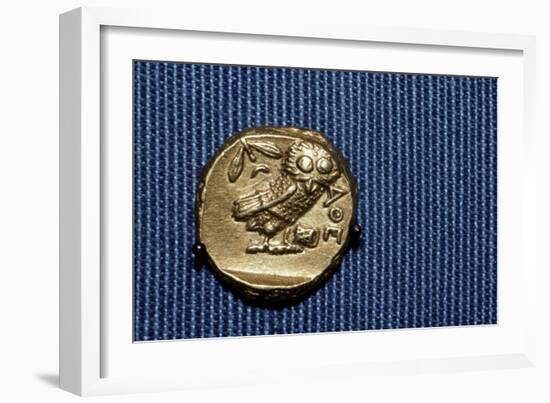 Owl on a Greek Gold Stater struck by Lachares, 300BC-295BC-Unknown-Framed Giclee Print