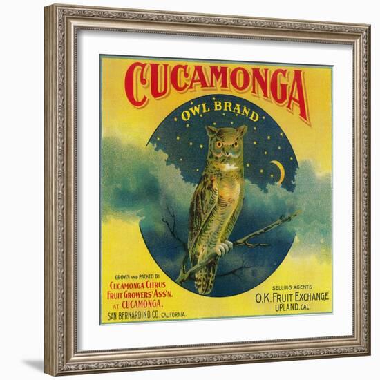 Owl Orange Label - Cucamonga, CA-Lantern Press-Framed Art Print