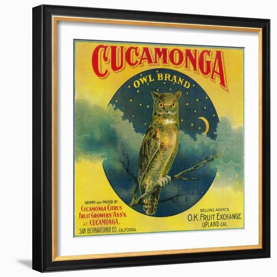 Owl Orange Label - Cucamonga, CA-Lantern Press-Framed Art Print