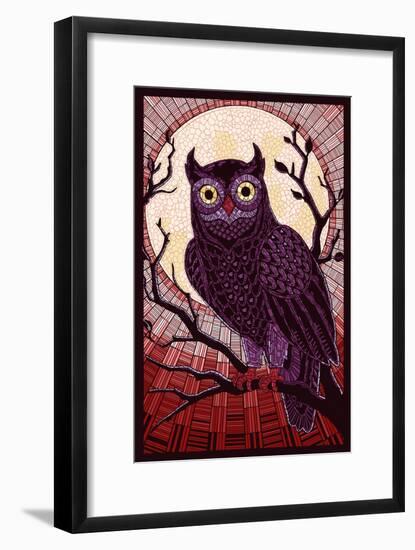 Owl - Paper Mosaic (Red)-Lantern Press-Framed Art Print