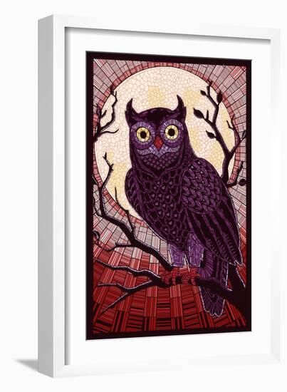 Owl - Paper Mosaic (Red)-Lantern Press-Framed Art Print