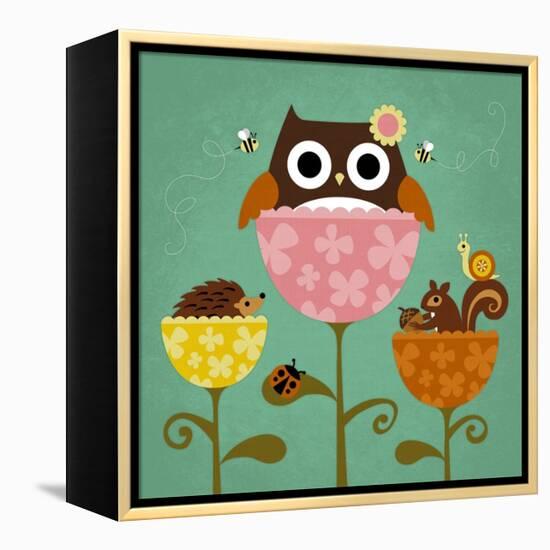 Owl, Squirrel and Hedgehog in Flowers-Nancy Lee-Framed Stretched Canvas