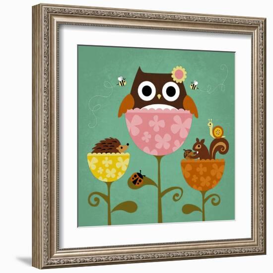 Owl, Squirrel and Hedgehog in Flowers-Nancy Lee-Framed Art Print