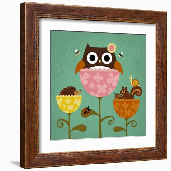 Owl, Squirrel and Hedgehog in Flowers-Nancy Lee-Framed Art Print