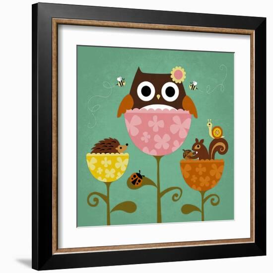 Owl, Squirrel and Hedgehog in Flowers-Nancy Lee-Framed Art Print