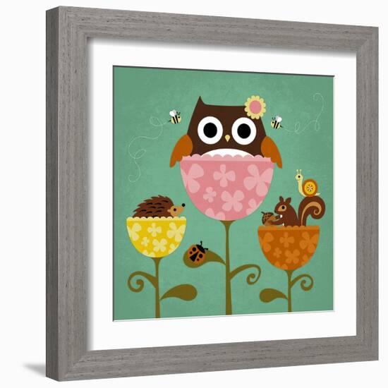 Owl, Squirrel and Hedgehog in Flowers-Nancy Lee-Framed Art Print