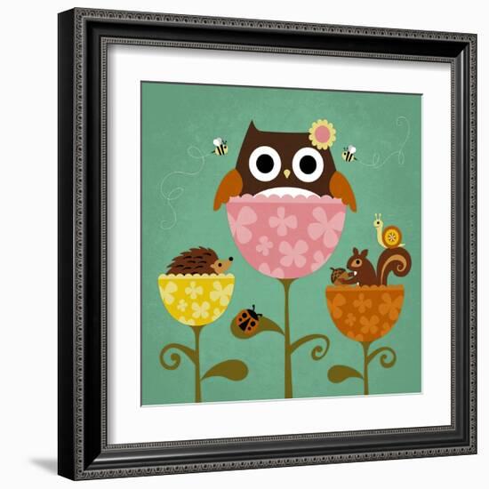 Owl, Squirrel and Hedgehog in Flowers-Nancy Lee-Framed Art Print