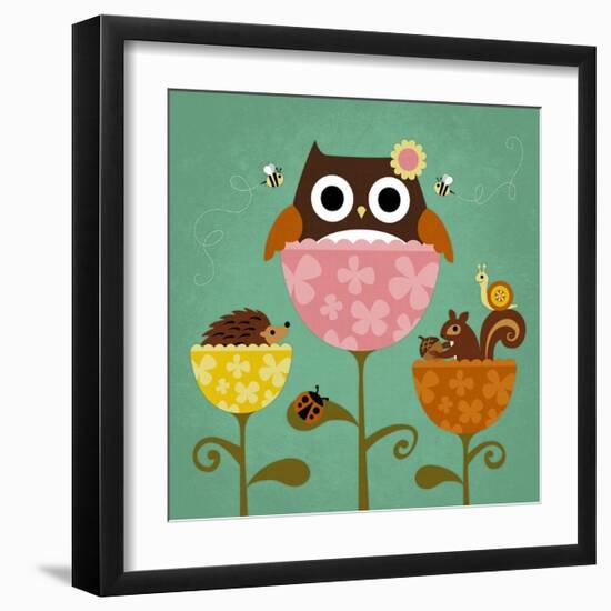 Owl, Squirrel and Hedgehog in Flowers-Nancy Lee-Framed Art Print