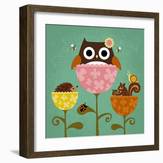 Owl, Squirrel and Hedgehog in Flowers-Nancy Lee-Framed Art Print