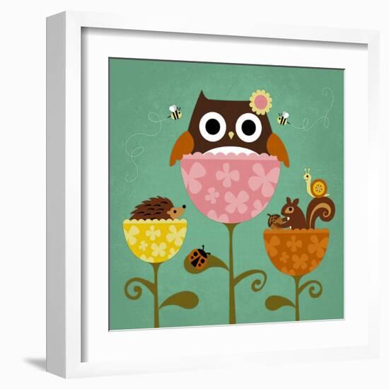 Owl, Squirrel and Hedgehog in Flowers-Nancy Lee-Framed Art Print